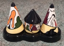 Old Ellgreave Lorna Bailey House and Path Salt Pepper Cruet & Mustard Set Rare