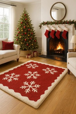 Weihnachtsroter Wollteppich mit weißen Schneeflocken | Handgetufteter Wolltep...