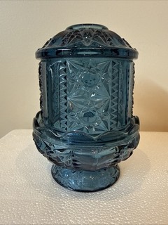 Vintage Indiana Glass Colonial Blue Stars & Bars Large Fairy Lamp Flawed