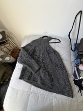 Gray Cable Knit One-Shoulder Beaded Cutout Asymmetrical Sweater