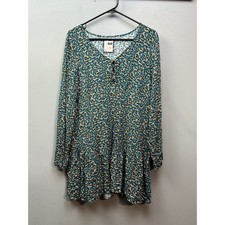 SO Dress Womens XXL Blue Floral V-Neck Tie Front Long Sleeve Tiered Boho Mini