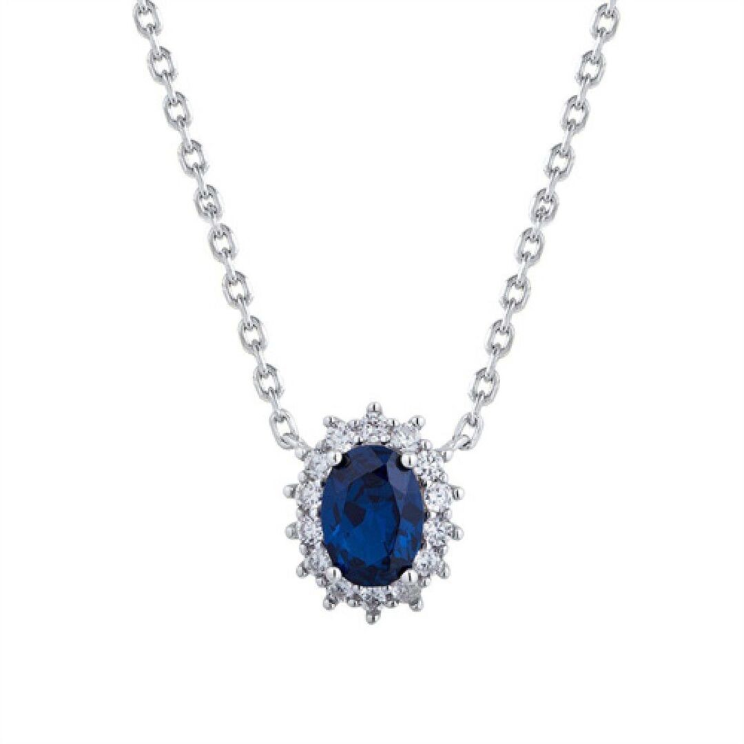 Silver Jewelco London Blue Oval CZ Princess Kate Royal Engagement Necklace