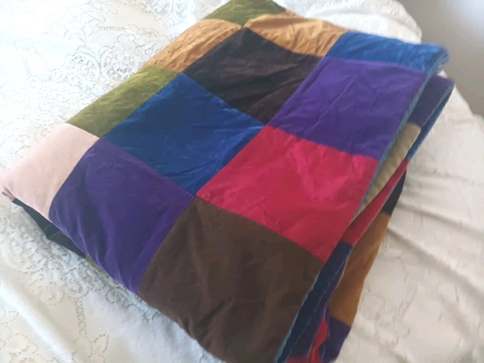 复古 70 年代天鹅绒拼布嬉皮波西米亚被子床罩毯双人 86x73 — 第 4/4 张图片