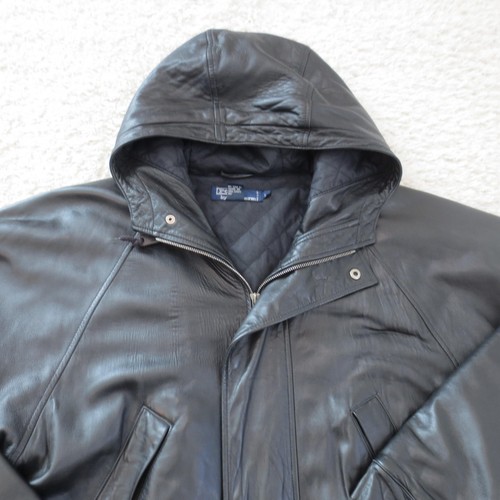 Polo Ralph Lauren Jacket Mens Large Black Leather Hooded Quilted Vintage 90s - Picture 3 of 14