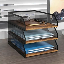 3-Tier Stackable Paper Tray, Metal Mesh Desktop Organizer, Wood Board Paper Sort