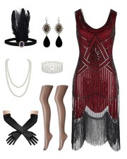 WooHand Womens Large Red 1920s Flapper Dress Sequin Fringe Costume Set