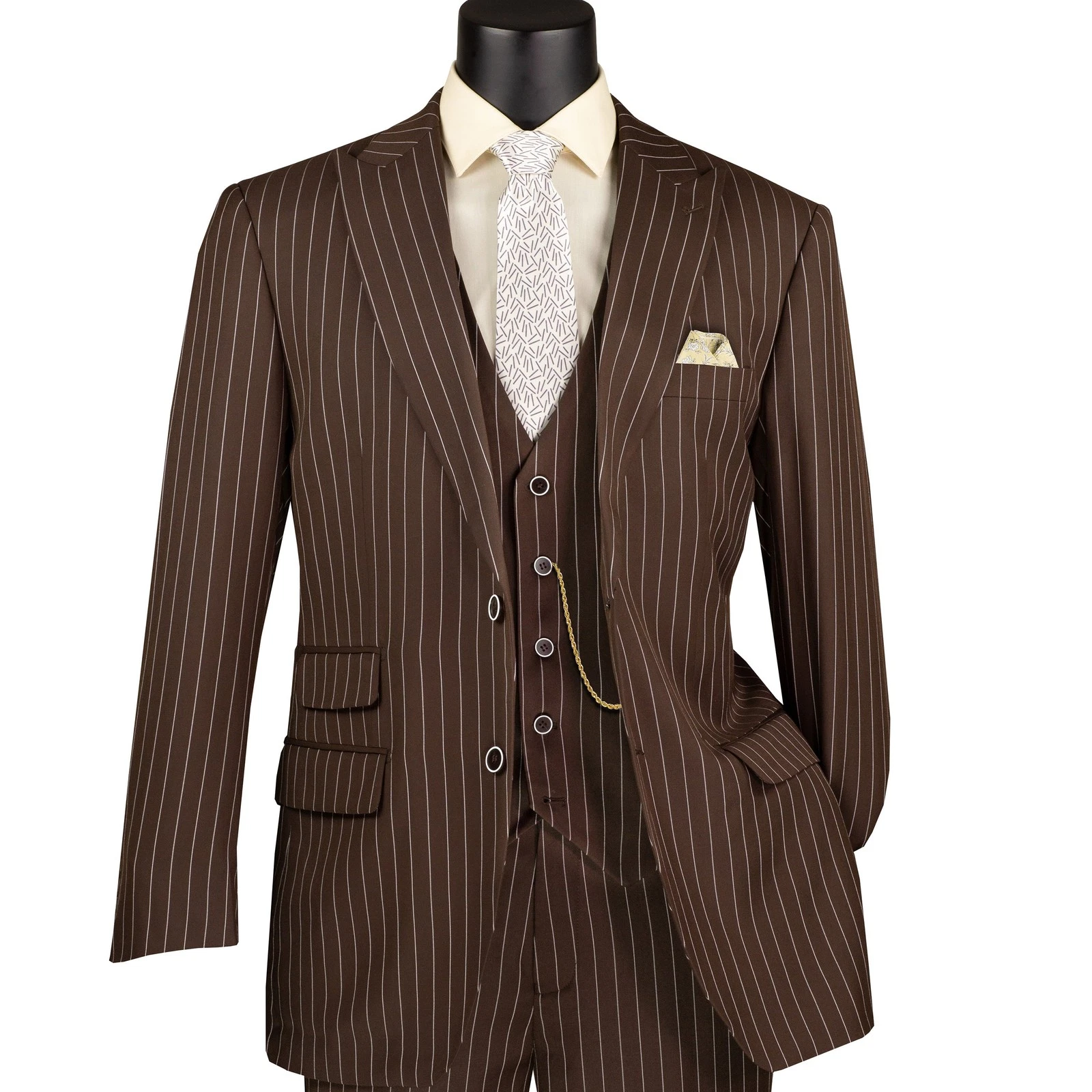 VINCI Men's Brown Striped 3 Piece Regular Fit Suit w/ Flex Waist - NEW