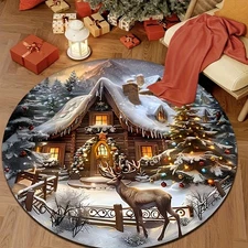 Winter Cabin Mat, Round Mat, Velvet Mat with High-Definition Print, Double-Locke