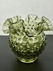 Vintage Fenton Glass Hobnail Ruffled Rose Bowl Colonial Green 5 1/4" diameter