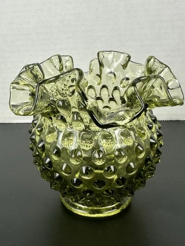 Vintage Fenton Glass Hobnail Ruffled Rose Bowl Colonial Green 5 1/4" diameter
