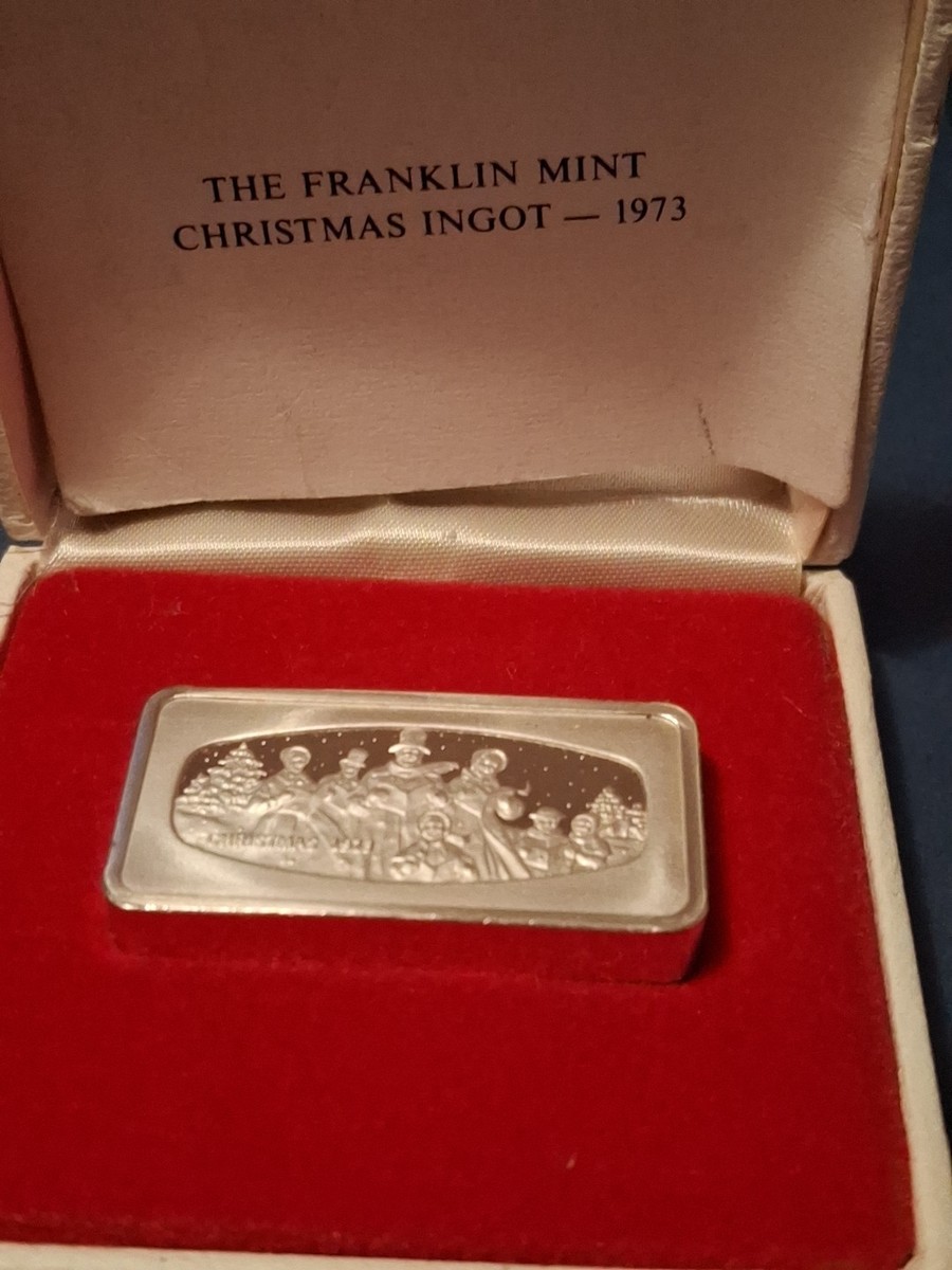 1973 THE FRANKLIN MINT CHRISTMAS INGOT WITH BOX SOLID SILVER