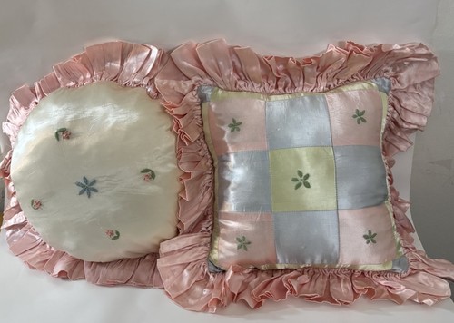2 Vintage Satin Boudior Cushions, Embroidery Patchwork 10”x 10”,  w 2/12” ruffle