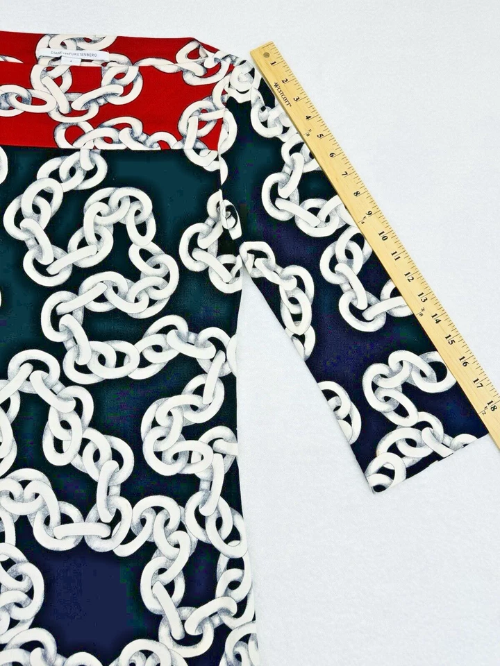 Vestido DIANE VON FURSTENBERG Ruri Manga 3/4 Mini Cadena Eslabón Seda Jersey DVF Talla 4 Foto 4 de 4