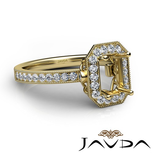 Emerald Semi Mount Halo Pave Diamond Engagement Bezel Set Milgrain Ring 0.50Ctw - Picture 6 of 29