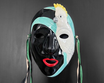 Vandor 8'' 1985 Vtg Ceramic Cockatoo Bird Black Turquoise Face Art Mask Pelzman
