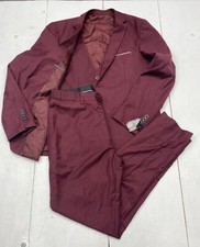 MYS  Burgundy 3 Piece Slim Fit Suit One Button Solid Jacket Vest Pants Mens M