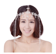 New Long Elf Tassel Dangle Headpiece Chinese Teardrop Crystal Wedding Head Chain