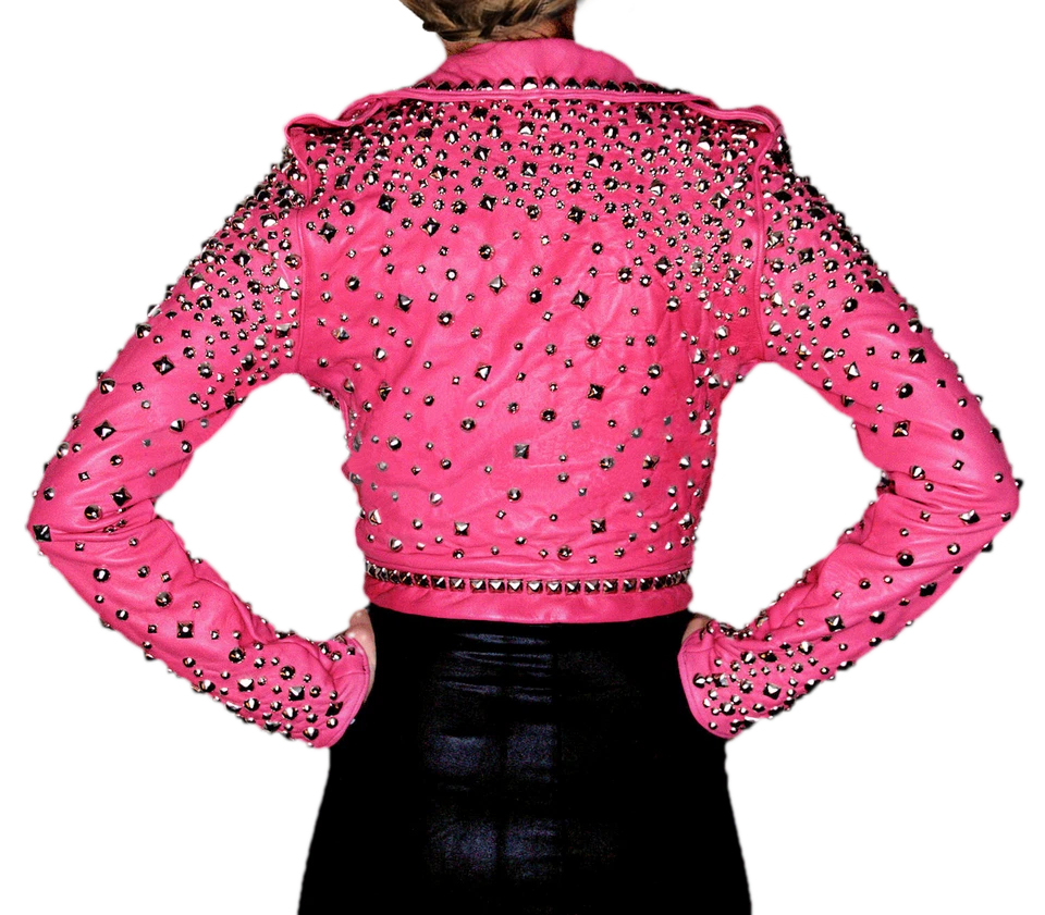Chaqueta de cuero de motociclista rosa con tachuelas tonales plateadas de metal pesado punk para mujer  Foto 4 de 4