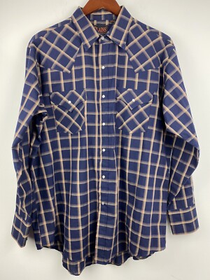 Vtg Plains Western Wear size Large Men s Blue Brown Plaid Snap Button Shirt
