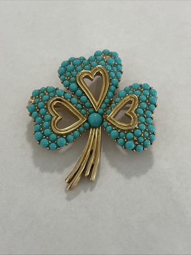 Vintage Crown Trifari Alfred Philippe Turquoise Cabochon Gold Tone hearts Brooch - Picture 2 of 9