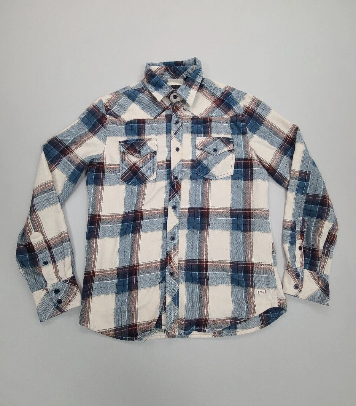 Micros Shirt Mens Medium Blue Beige Button Up Outdoors Casual Comfort
