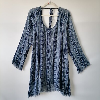 Some Days Lovin Womens Blue Printed Scoop Neck Long Sleeve Mini Dress Size Small