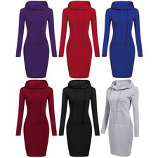 Women's Casual Long Sleeve Hoodie Dress Drawstring Pullover Sweatshirts + Pocket