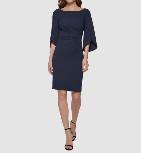 DKNY Women's Blue Scuba Crepe Pleated Jewel Neck Slit 3/4 Sleeve Dress Size 14