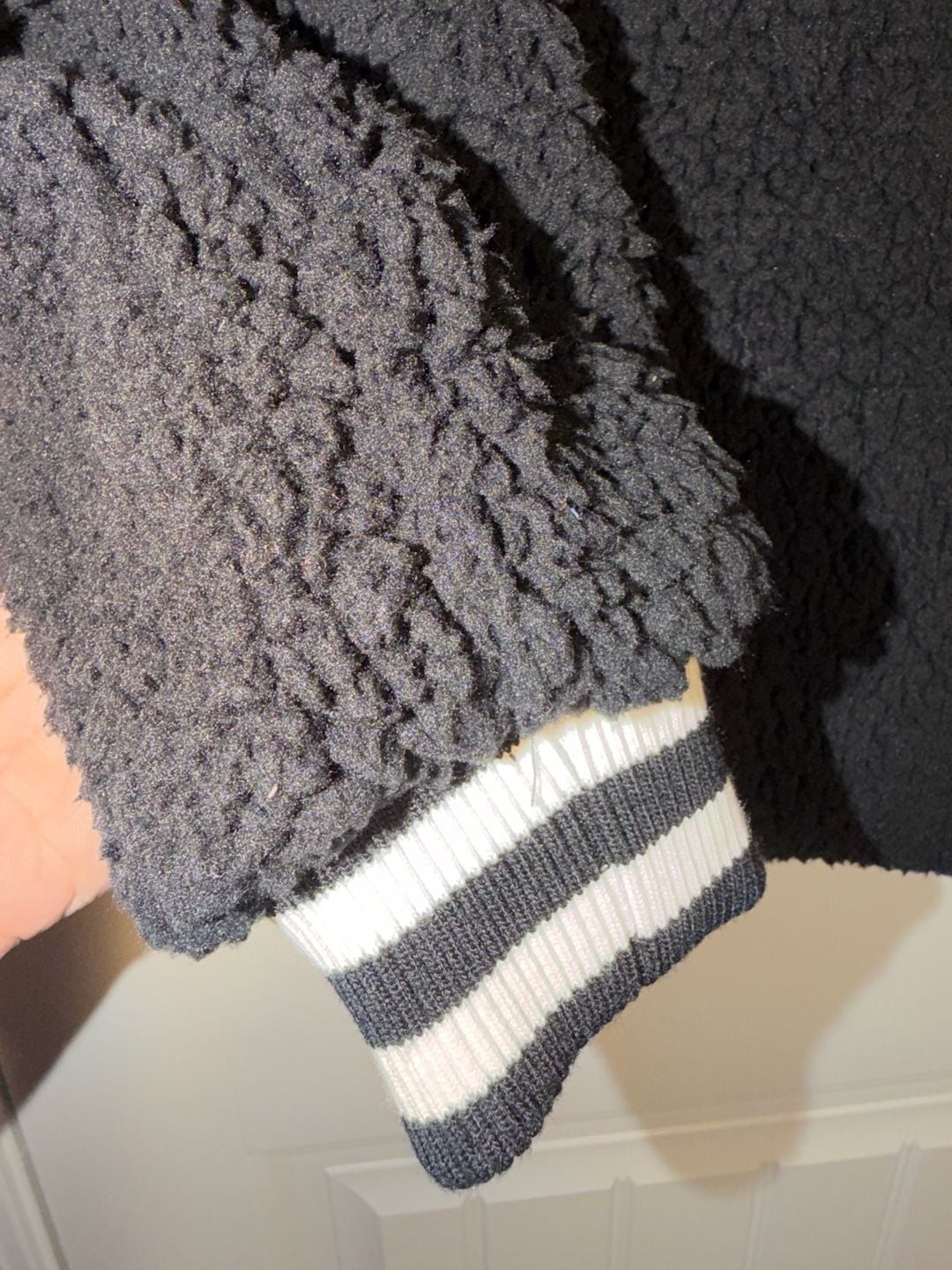 BB Dakota Fleece and Love Jacket Black Teddy Sherpa with Striped Ribbed Cuffs, photo 6