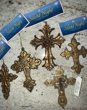 Lot Of 5 Vintage Ornate Cross Christmas Ornaments Gold Resin Plastic Ceramic