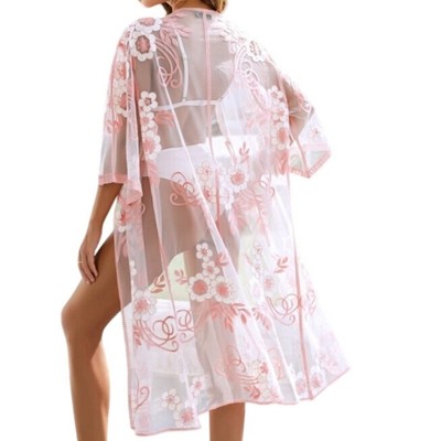 Embroidered Luxe Floral Sheer Duster Kimono - Pink