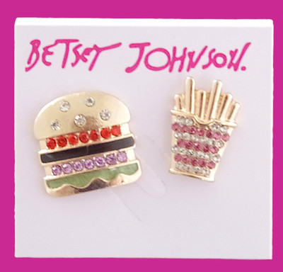 BETSEY JOHNSON ASYMMETRICAL FAST FOOD BURGER & FRENCH FRIES RHINESTONE EARRINGS