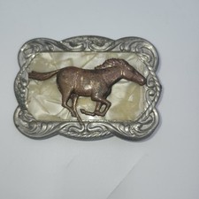 Vintage 3" Western Horse belt buckle Mexico shell copper silver tone