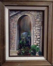 Stone Courtyard with Houseplants Oil Canvas Painting Framed Signed
