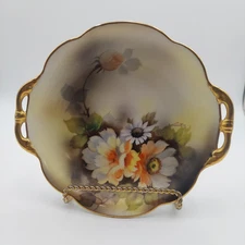 Noritake Hand Painted & Signed Floral Shallow Bowl Double Handled W/ Gold Accent