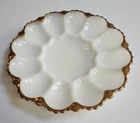 Anchor Hocking Milk Glass 10" Deviled Egg Plate Gold Trim 12 Eggs Vintage