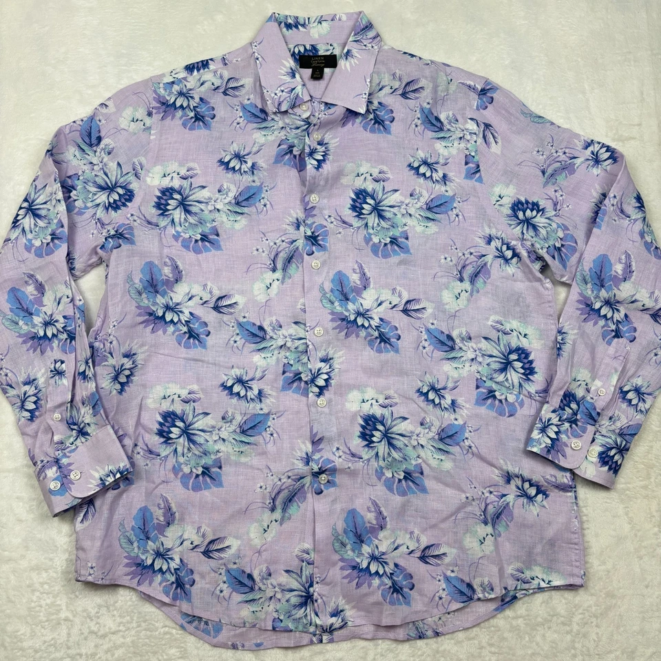 Camisa Club Room Lujo 100% Lino Para Hombre L Púrpura Floral Manga Larga Con Botones Foto 2 de 4