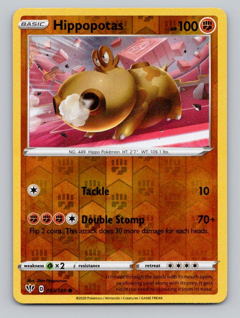 Reverse Holo Hippopotas 093/189 Common Darkness Ablaze Pokemon