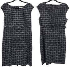 Calvin Klein Boatneck Cap Sleeve Houndstooth Dress 14 Black Gray Belted Academia