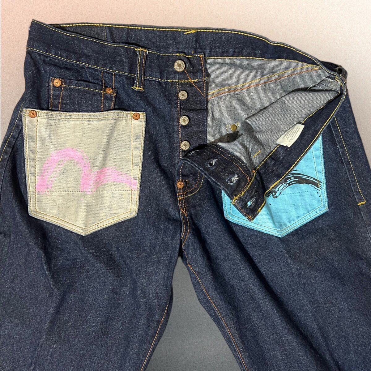 Denim Jeans EVISU Double Back Pockets Size 36 (36x34) Button Denim Jeans EVISU Double Back Pockets Size 36 (36x34) Button