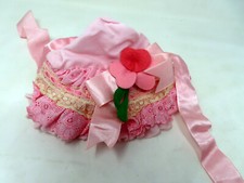 Vintage Doll Pink Bonnett Faux Pearls Satin Ribbon Ruffles