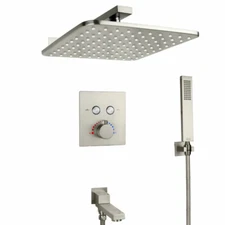 Brushed Nickel Thermostatic Faucet Set Mixer Valve 10" Bath Rainfall Shower Head