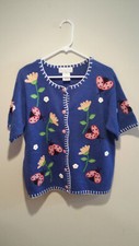 Vintage Tacky Short Sleeve Cardigan Sweater - Mandal Bay - Large L - Blue