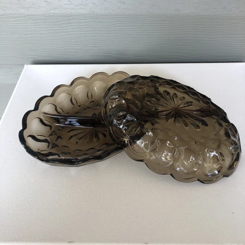 Set-2 VTG Anchor Hocking Rare Smoke Tint Fairfield Oval Scalloped Divided Relish