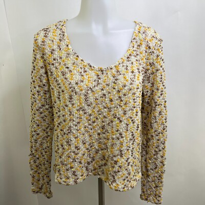 MinkPink M Sweater Yellow Textured Brown Crochet Knit Scoop Long Sleeve
