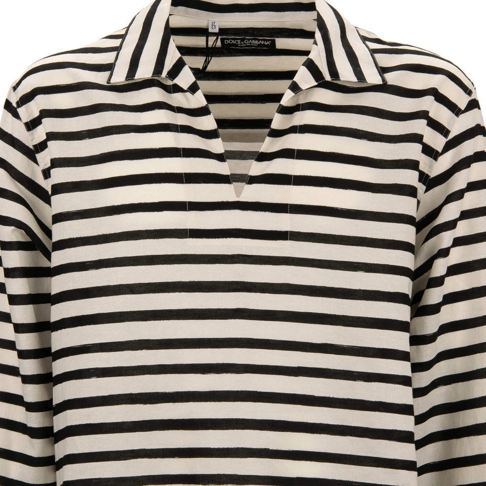 Camisa DOLCE & GABBANA Rayas Lino Algodón Talla Grande Negra Blanca 43 17 XL 13334 Foto 3 de 4