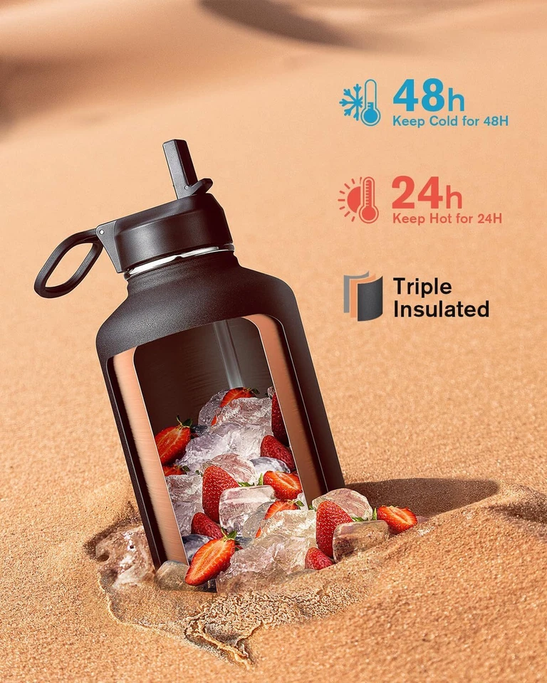 64 oz Water Bottle Insulated with Straw & 3 Lids|Large Metal Stainless Steel Wat - Image 2 of 4