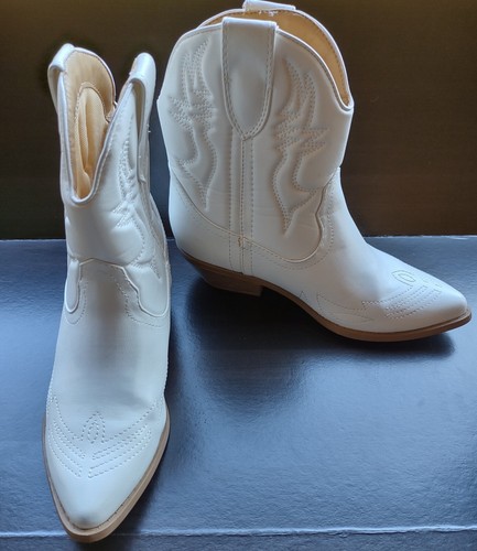 Womens White Cowgirl Cowboy Boots Mid Calf Block Heel Western Shoes Sz 7.5 - Picture 3 of 10