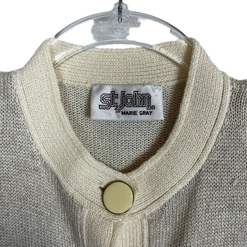 St. John Marie Gray Sz 8 Vtg 1977 Santana Knit Beige Cream Striped Button Down - Picture 3 of 8