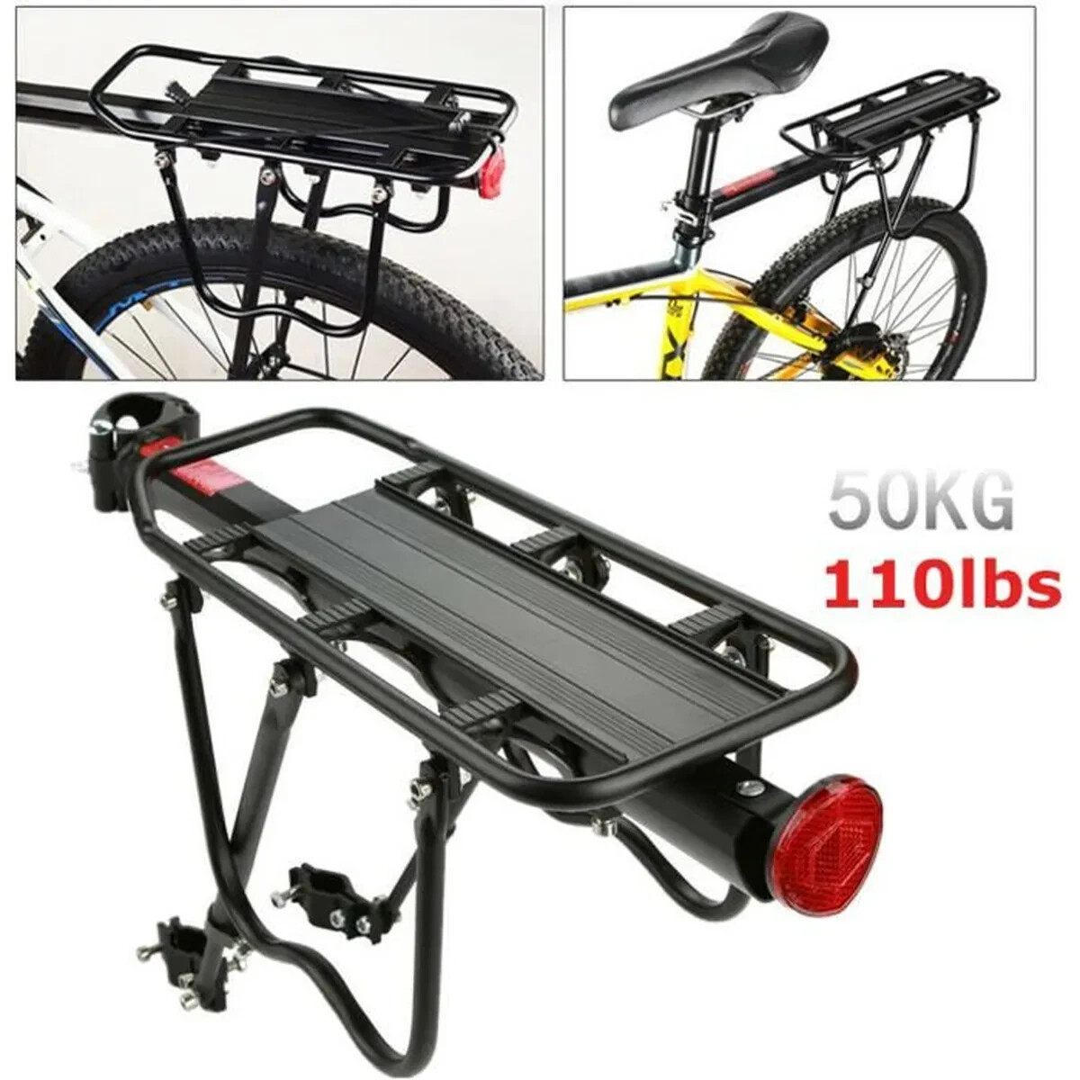 Porte-bagages vélo réglable 50 kg en aluminium noir universel pour cyclotourisme